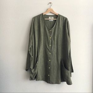 FLAX Jacket Linen Overcoat Green Shirt Stripes